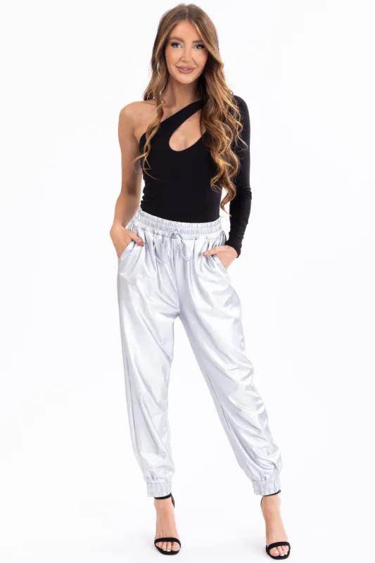 She+Sky Silver Metallic Knit Joggers sold by Lime Lush