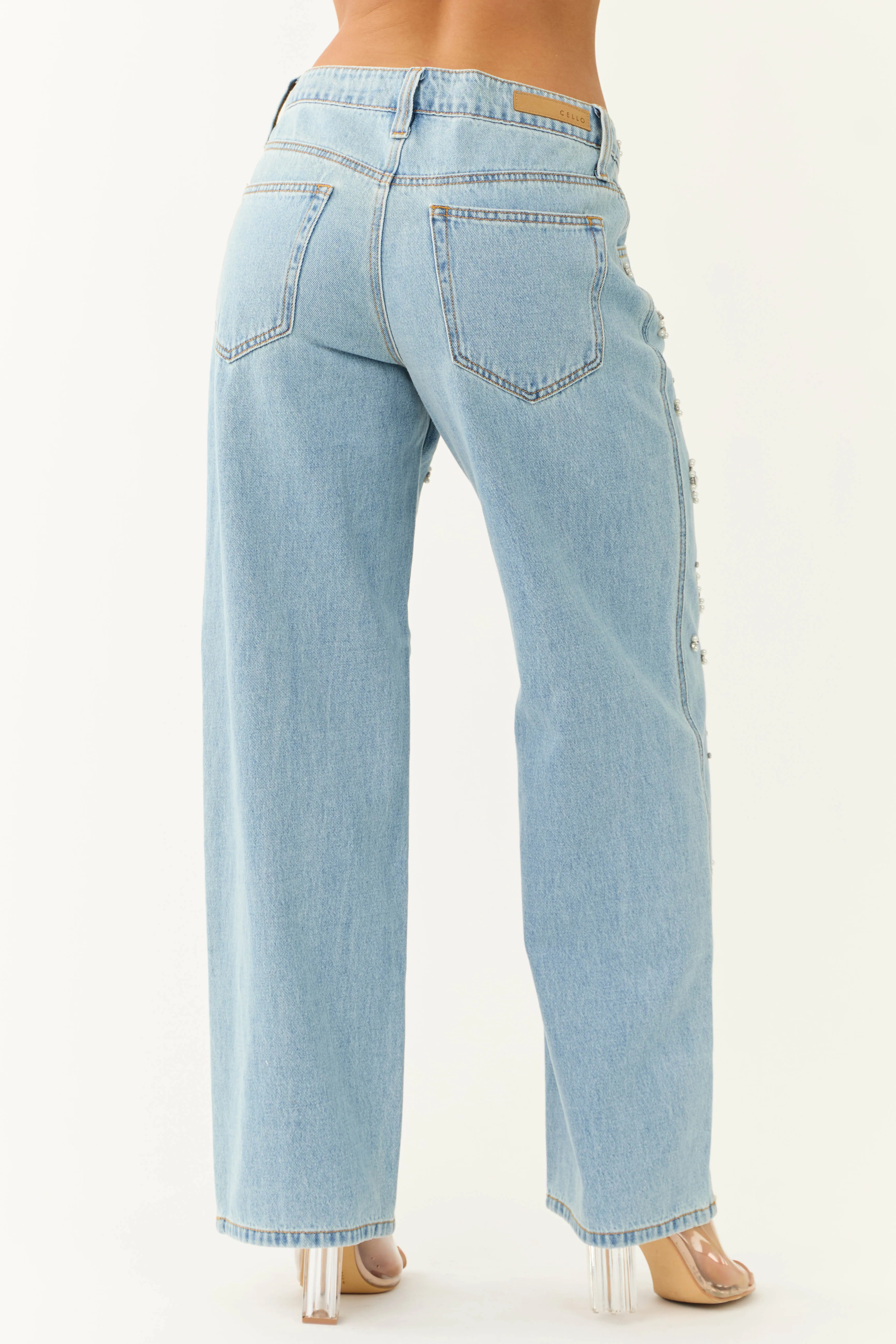 Cello Light Wash Rhinestone Wide Leg Jeans sold by Lime Lush product image thumbnail 4