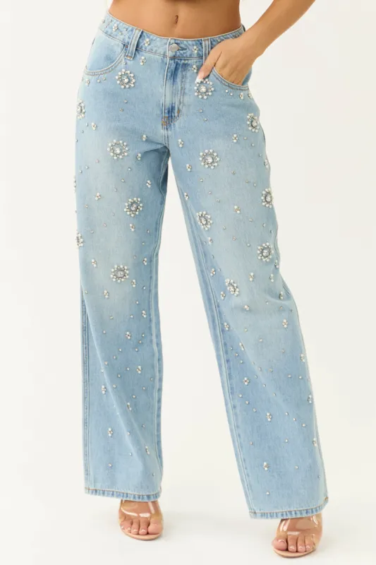 Cello Light Wash Rhinestone Wide Leg Jeans sold by Lime Lush