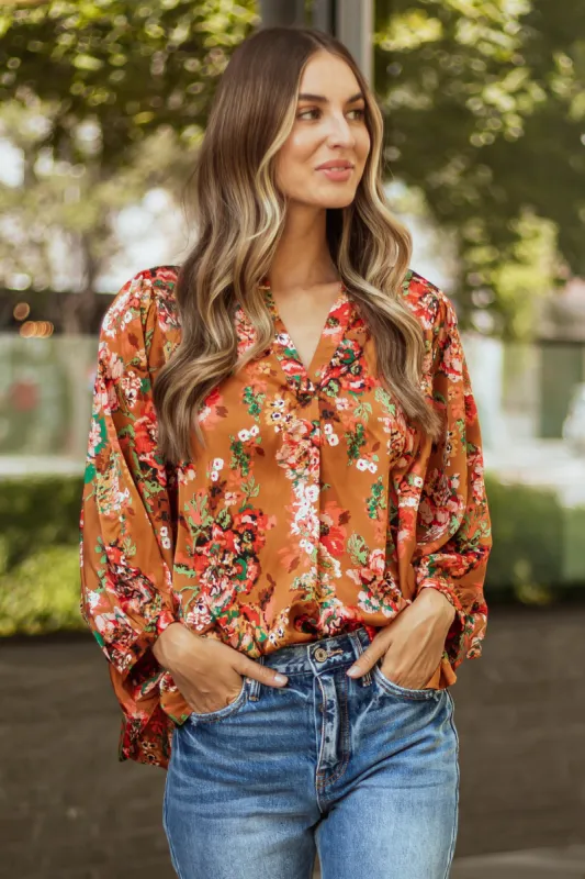 Caramel Floral Print 3/4 Dolman Sleeve Top sold by Lime Lush
