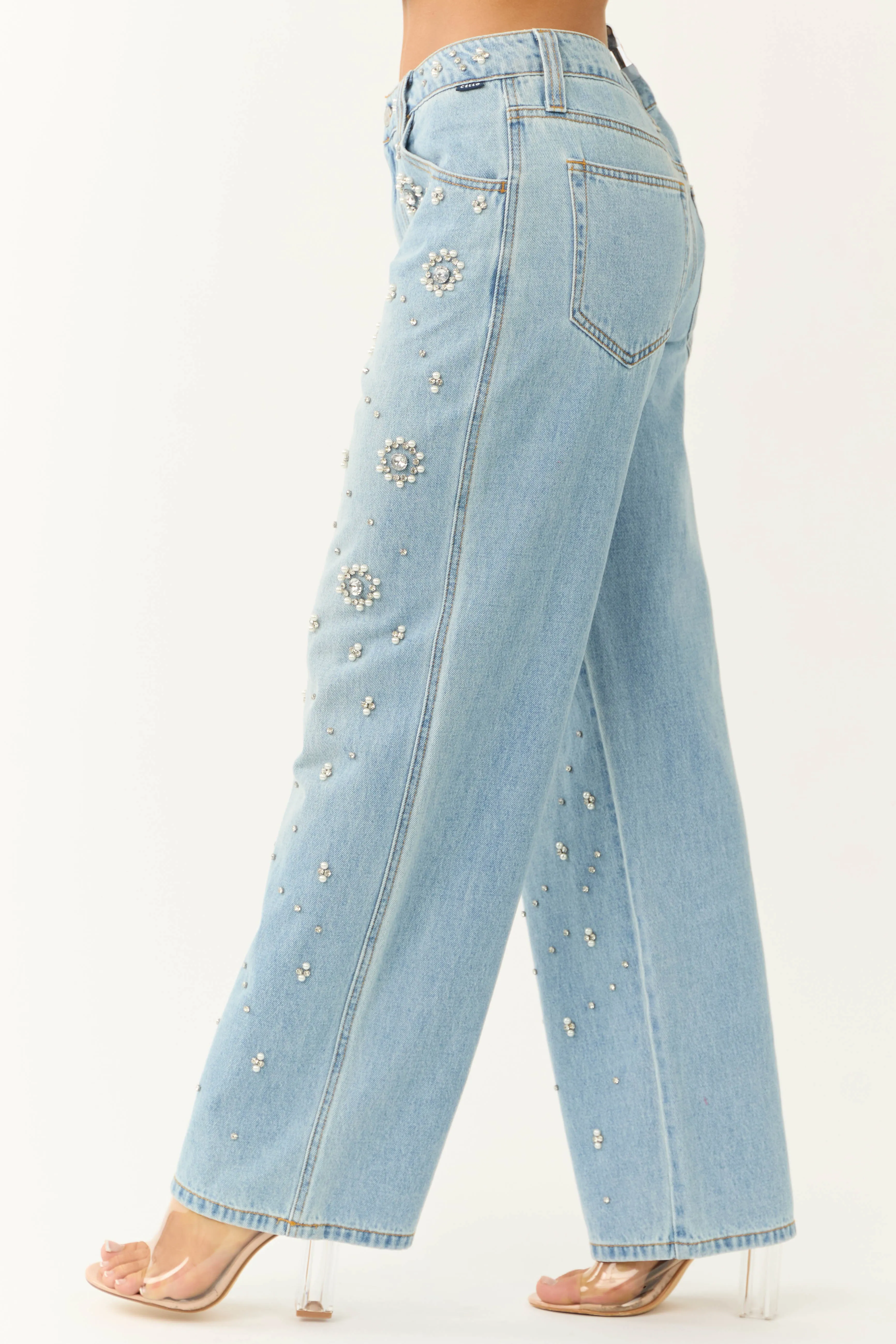 Cello Light Wash Rhinestone Wide Leg Jeans sold by Lime Lush product image thumbnail 3