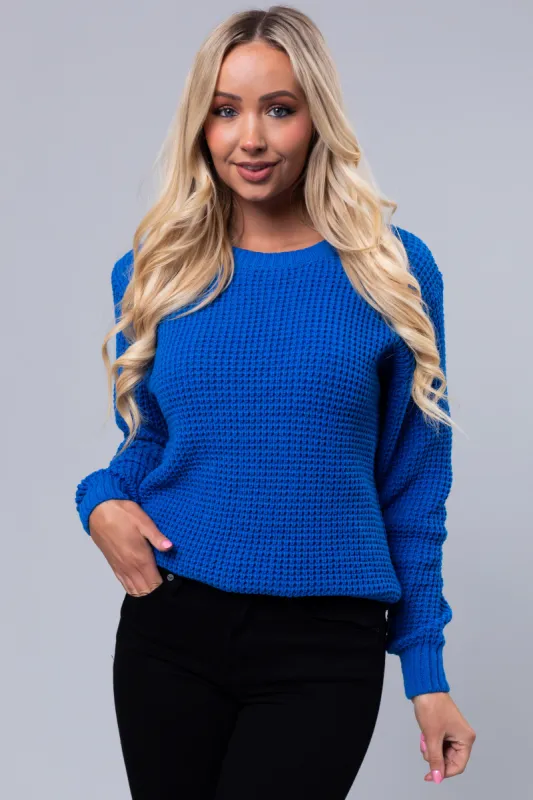 Cobalt Thick Waffle Knit Curved Hem Sweater sold by Lime Lush