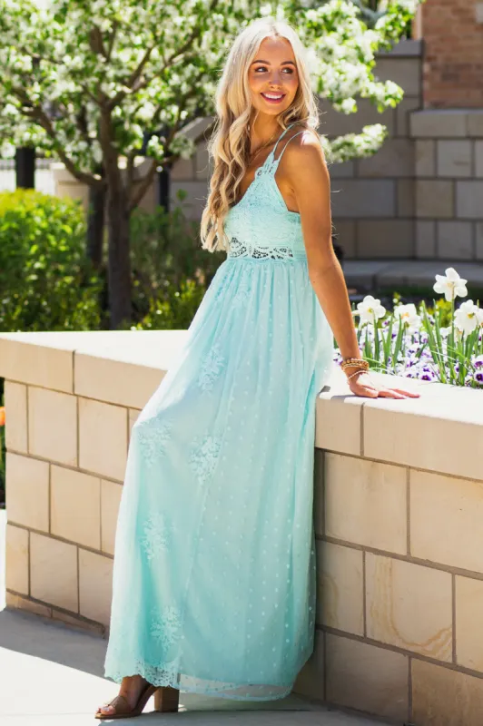 Aqua Lace Sleeveless Mesh Maxi Dress sold by Lime Lush