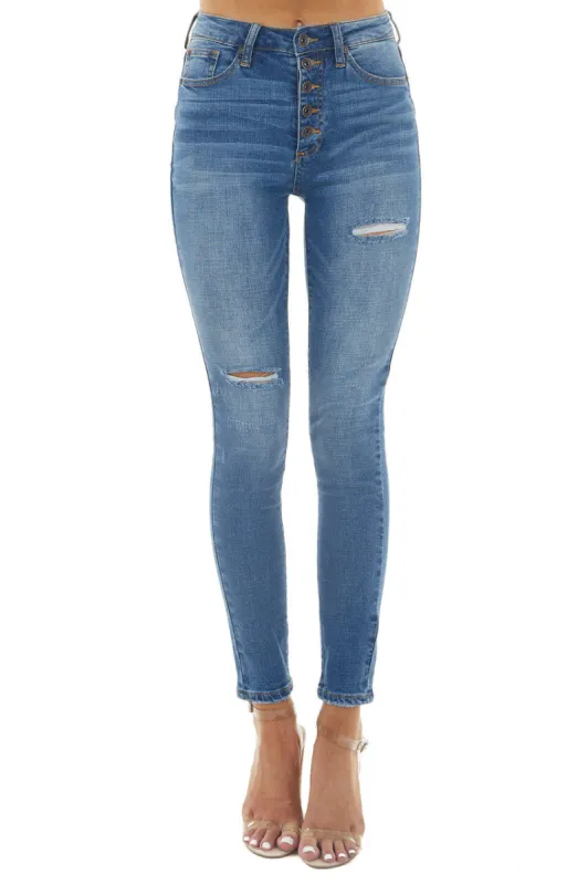 Special A Medium Dark Wash High Rise Button Fly Skinny Jeans sold by Lime Lush