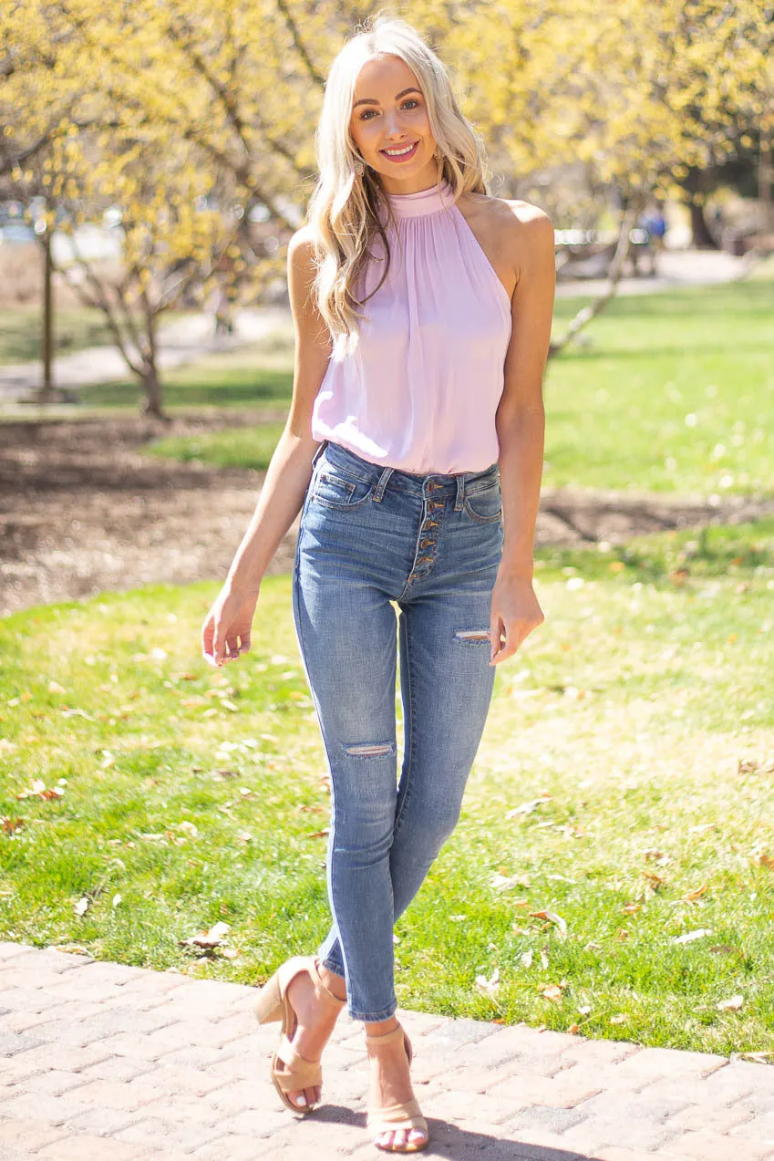 Special A Medium Dark Wash High Rise Button Fly Skinny Jeans sold by Lime Lush product image thumbnail 5