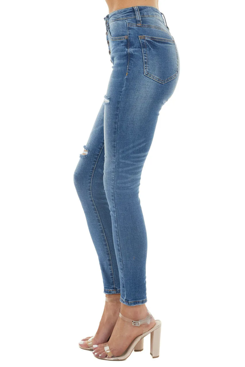 Special A Medium Dark Wash High Rise Button Fly Skinny Jeans sold by Lime Lush product image thumbnail 2