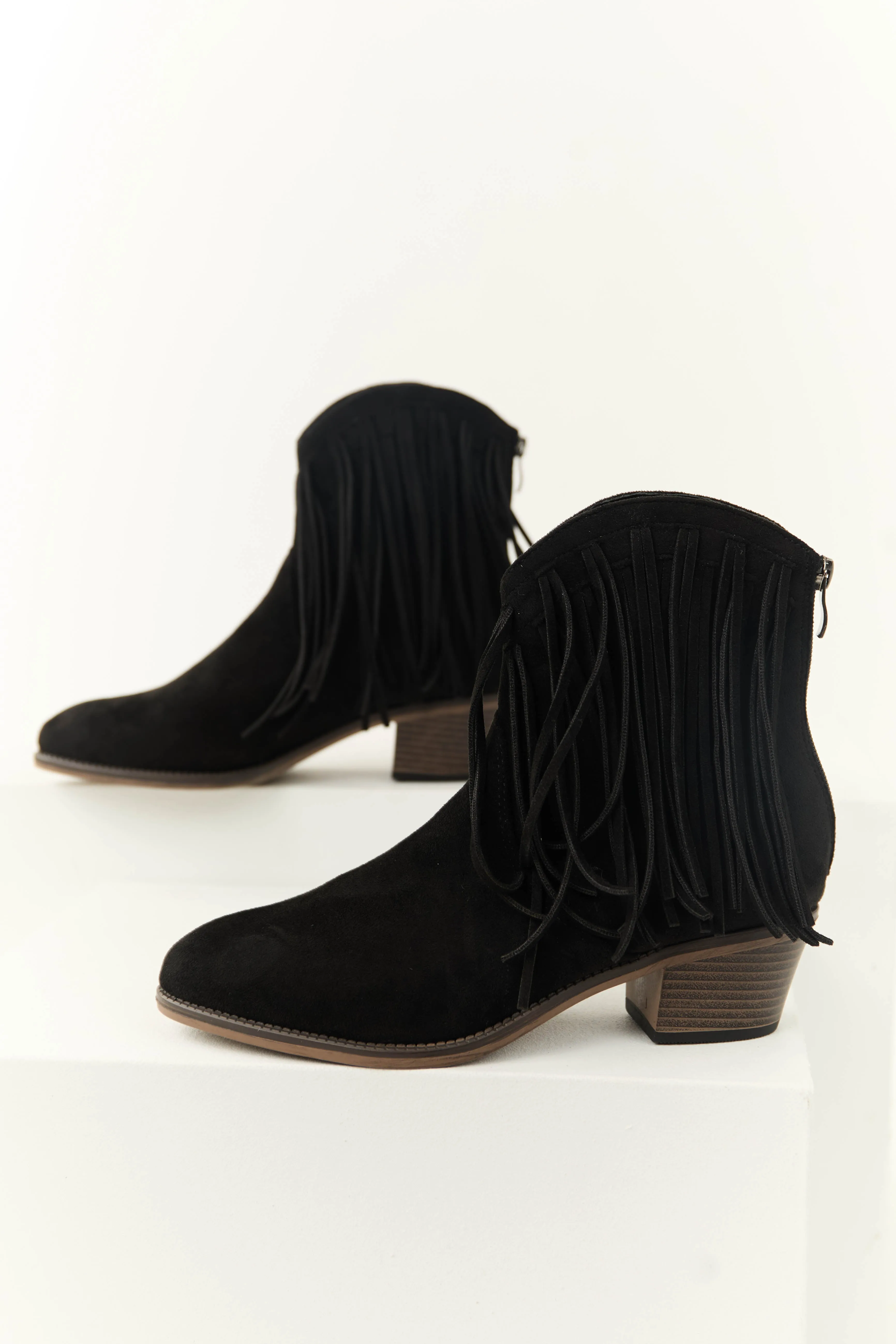 Black Faux Suede Fringe Heeled Booties sold by Lime Lush