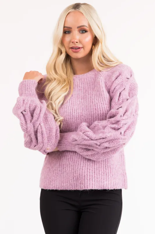 Mauve Fuzzy Bubble Sleeve Ribbed Knit Sweater sold by Lime Lush