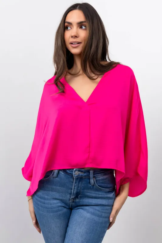 Hot Pink Satin Kimono Sleeve V Neck Crop Top sold by Lime Lush