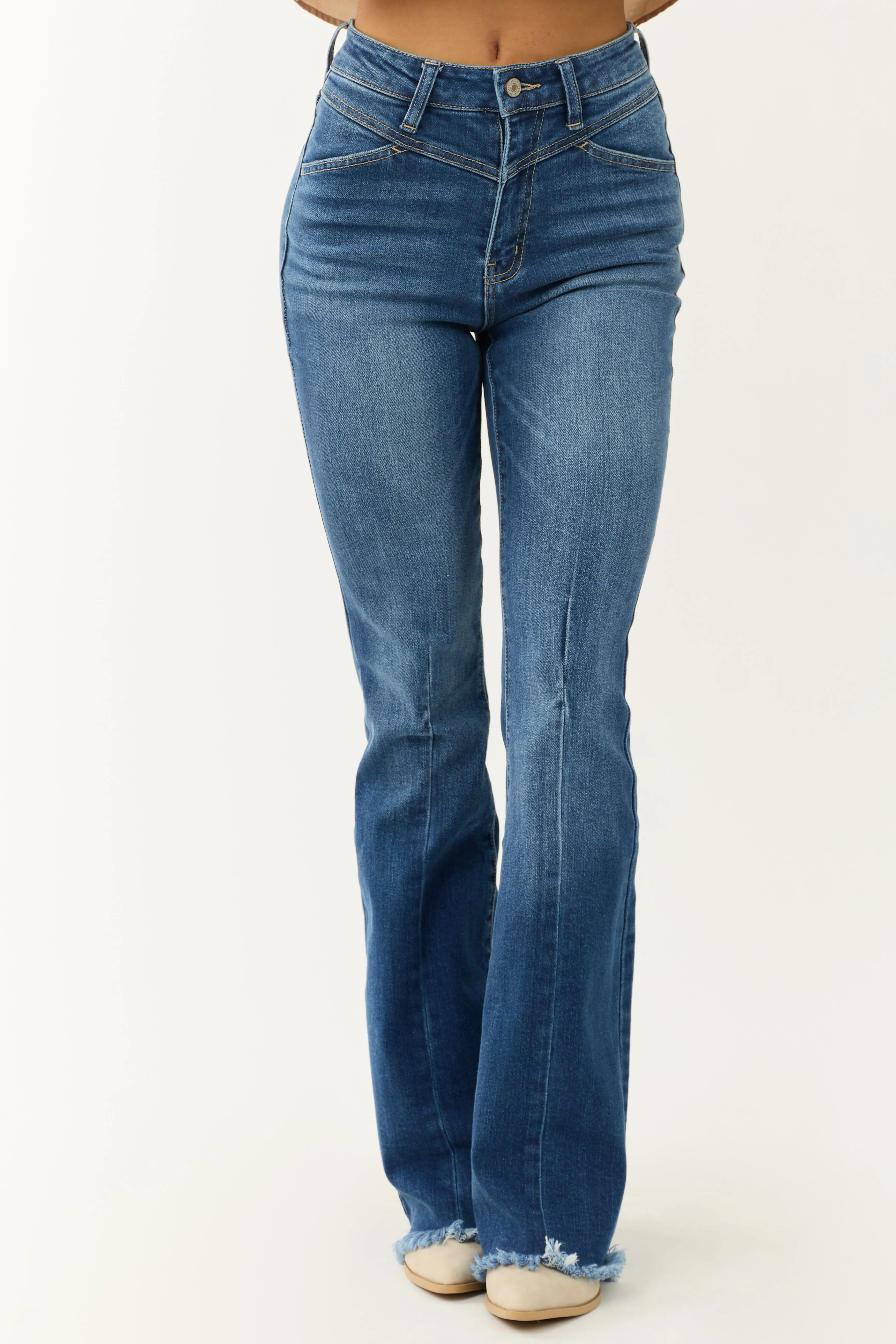 KanCan Medium Wash High Rise Frayed Hem Flare Jeans sold by Lime Lush product image thumbnail 2