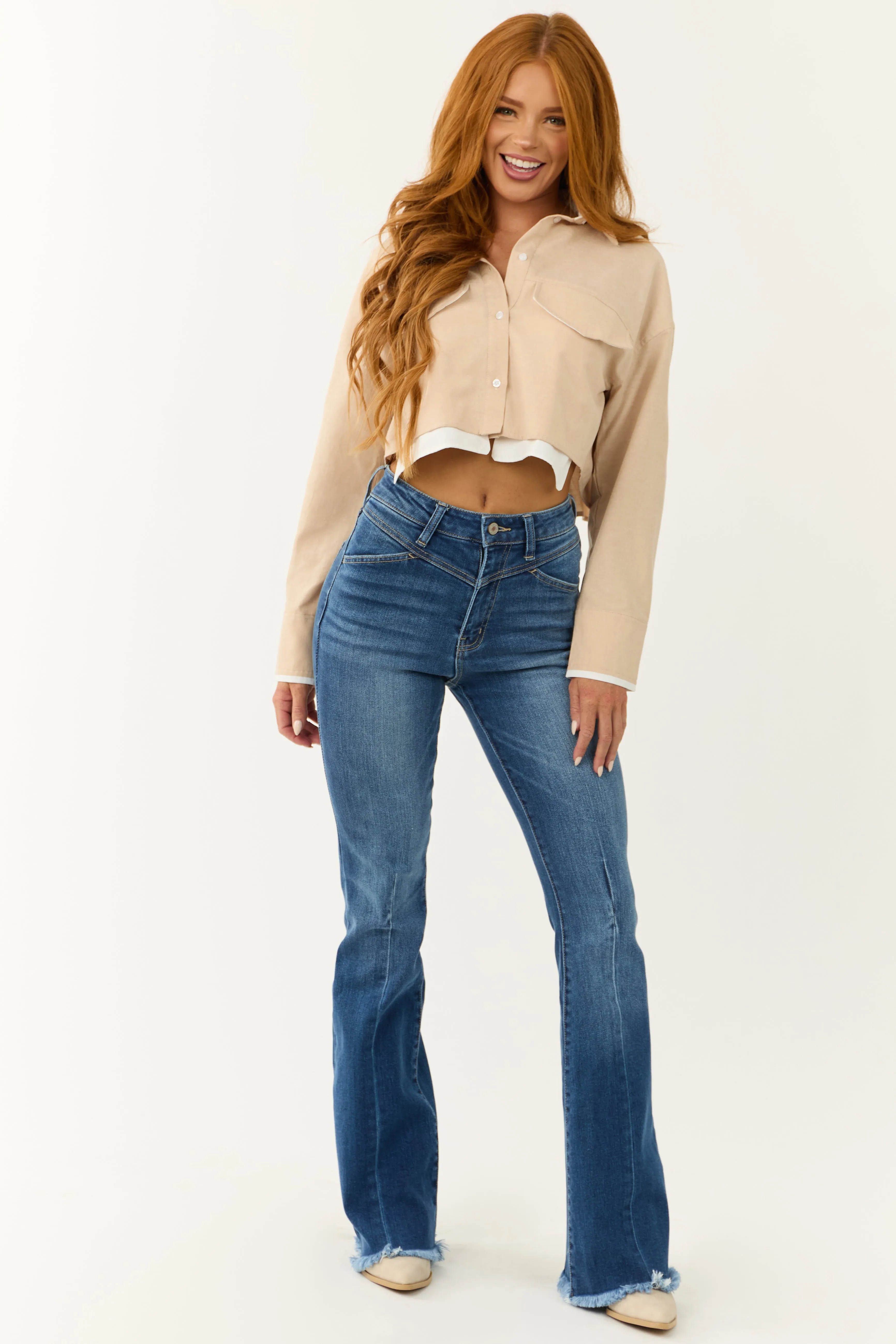 KanCan Medium Wash High Rise Frayed Hem Flare Jeans sold by Lime Lush product image thumbnail 3