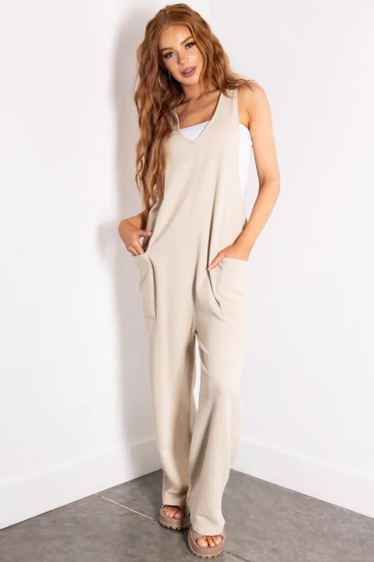 Cream Textured Knit Sleeveless Slouchy Jumpsuit sold by Lime Lush