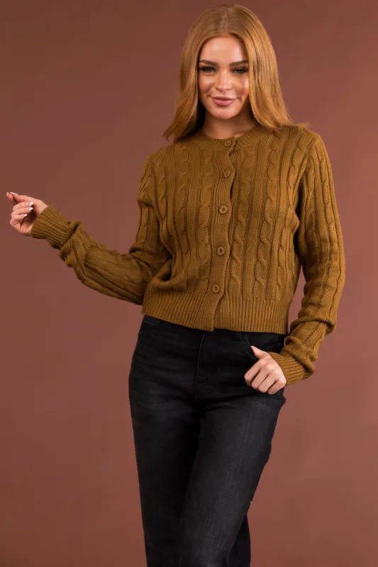 Rich Peanut Cable Knit Cropped Cardigan Sweater sold by Lime Lush