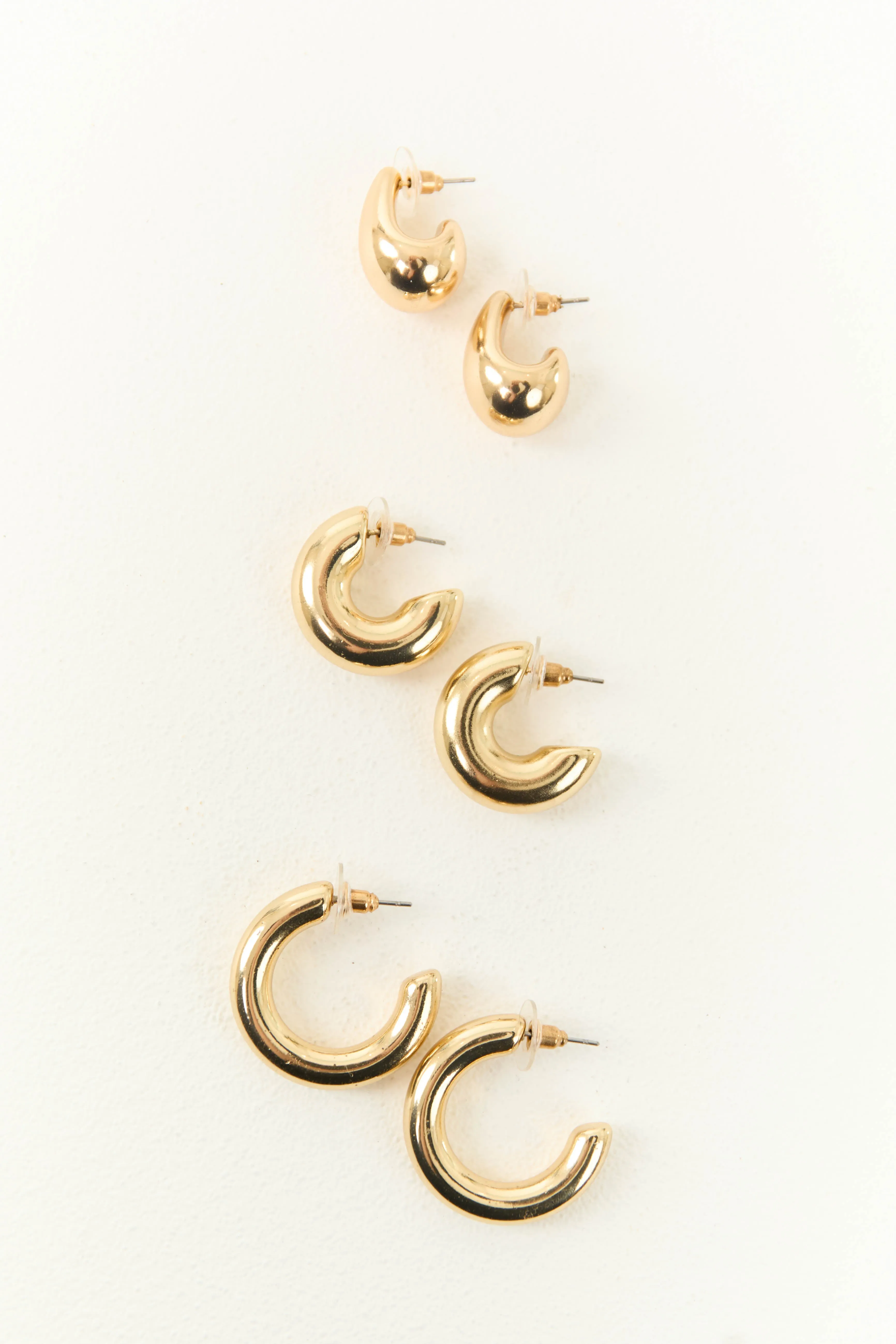 Gold Metallic 3 Piece Thick Hoop Earrings sold by Lime Lush