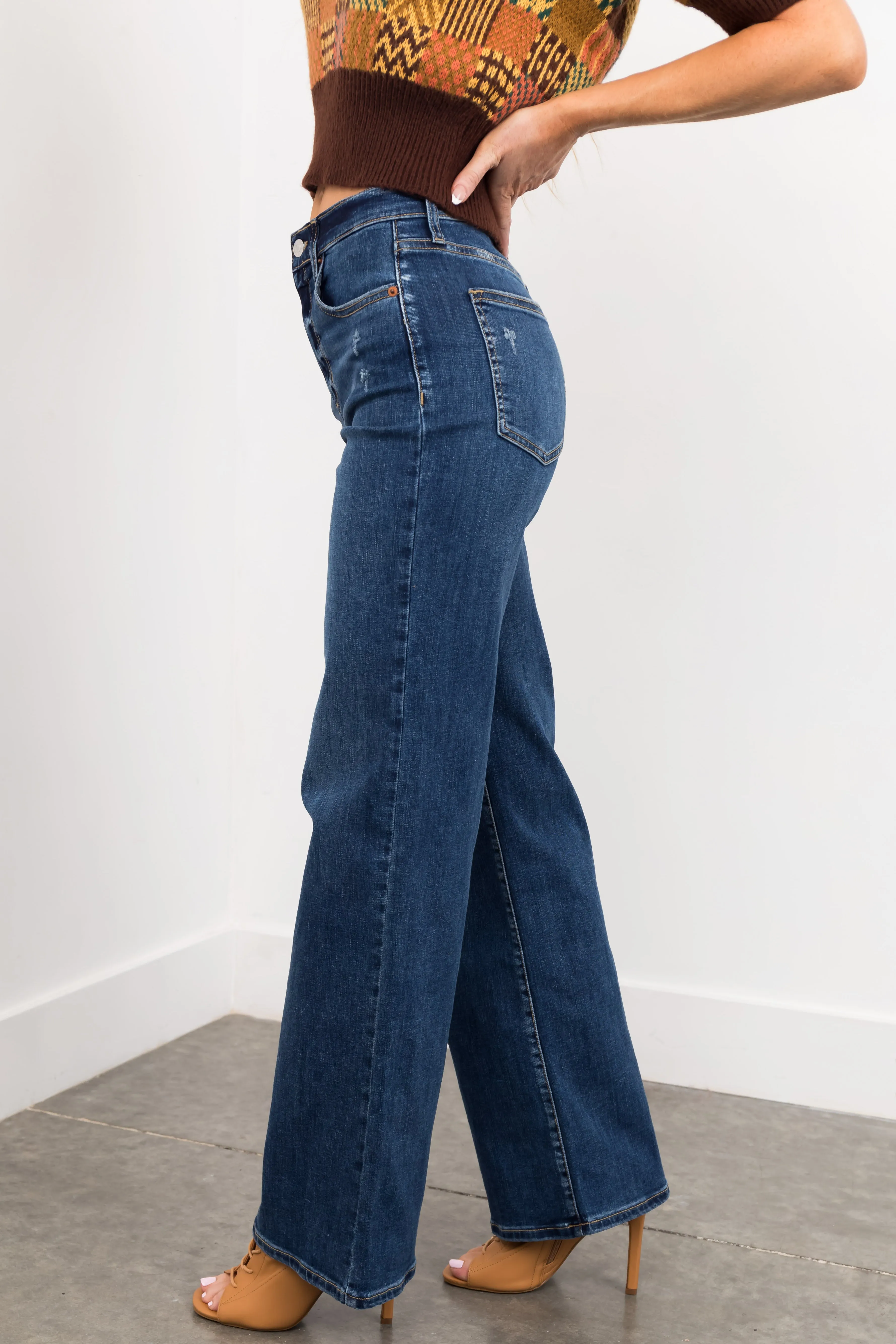 Sneak Peek Dark Wash High Rise Straight Wide Leg Jeans sold by Lime Lush product image thumbnail 3
