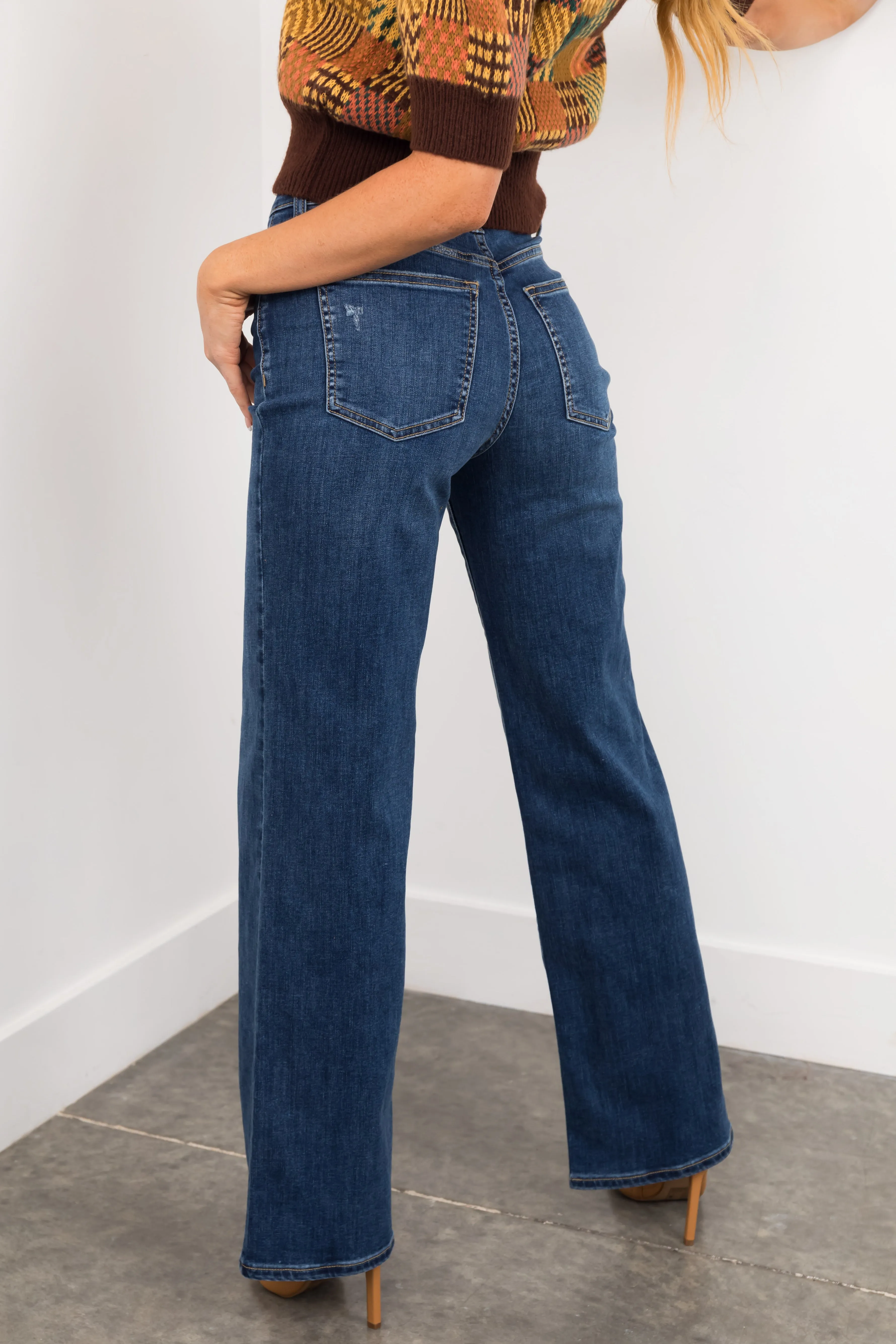 Sneak Peek Dark Wash High Rise Straight Wide Leg Jeans sold by Lime Lush product image thumbnail 4