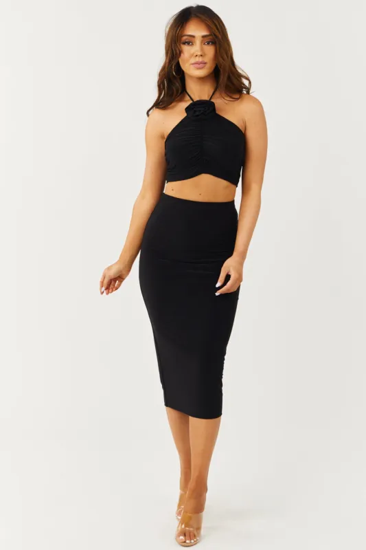 Black Crop Top and Midi Skirt Two Piece Set sold by Lime Lush