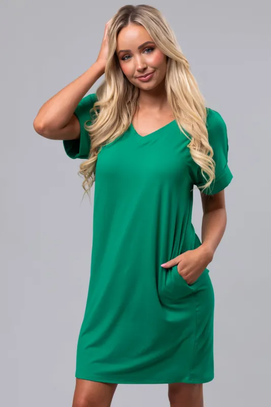 Kelly Green Soft V Neck Short Sleeve Mini Dress sold by Lime Lush