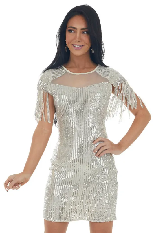 Champagne Sequin Fringe Sleeve Mesh Mini Dress sold by Lime Lush