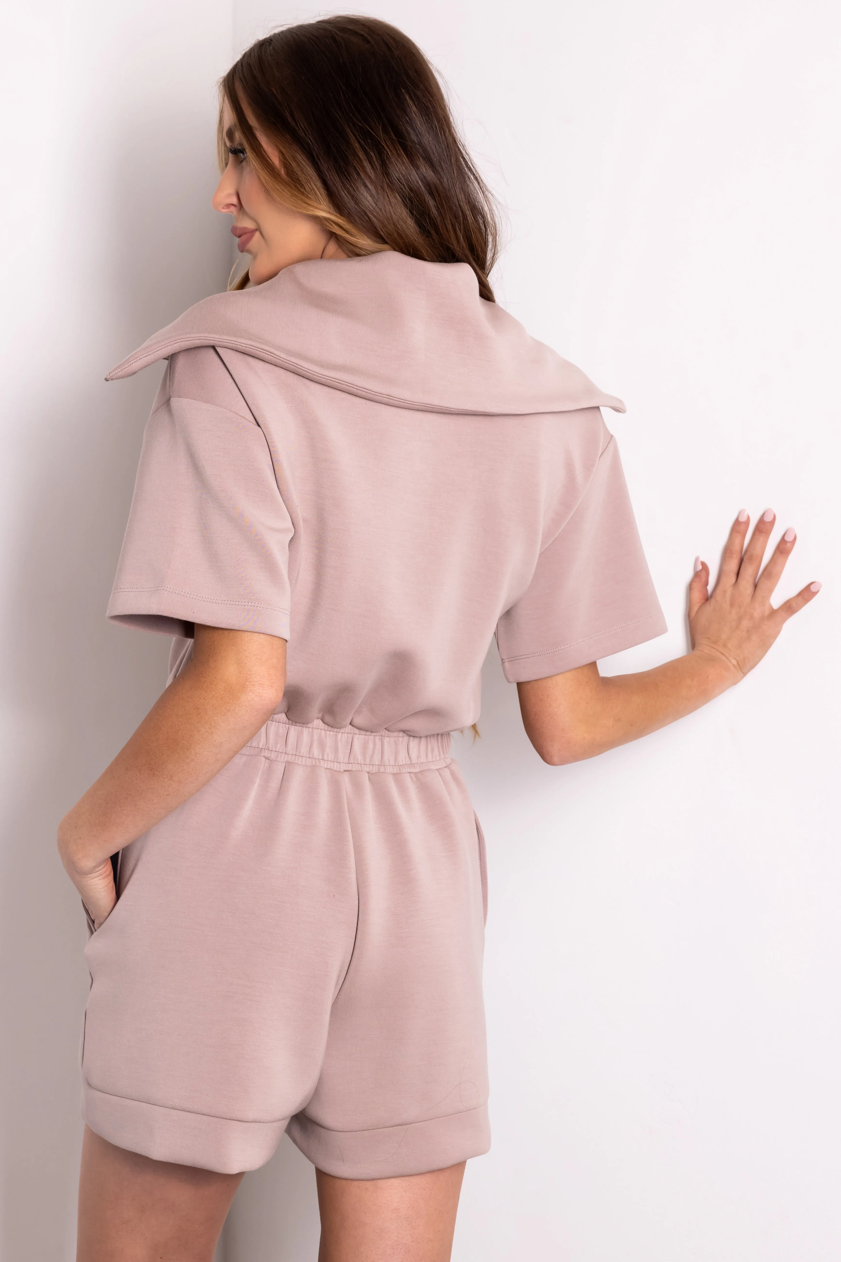 Light Mocha Short Sleeve Zip Up Romper sold by Lime Lush product image thumbnail 5