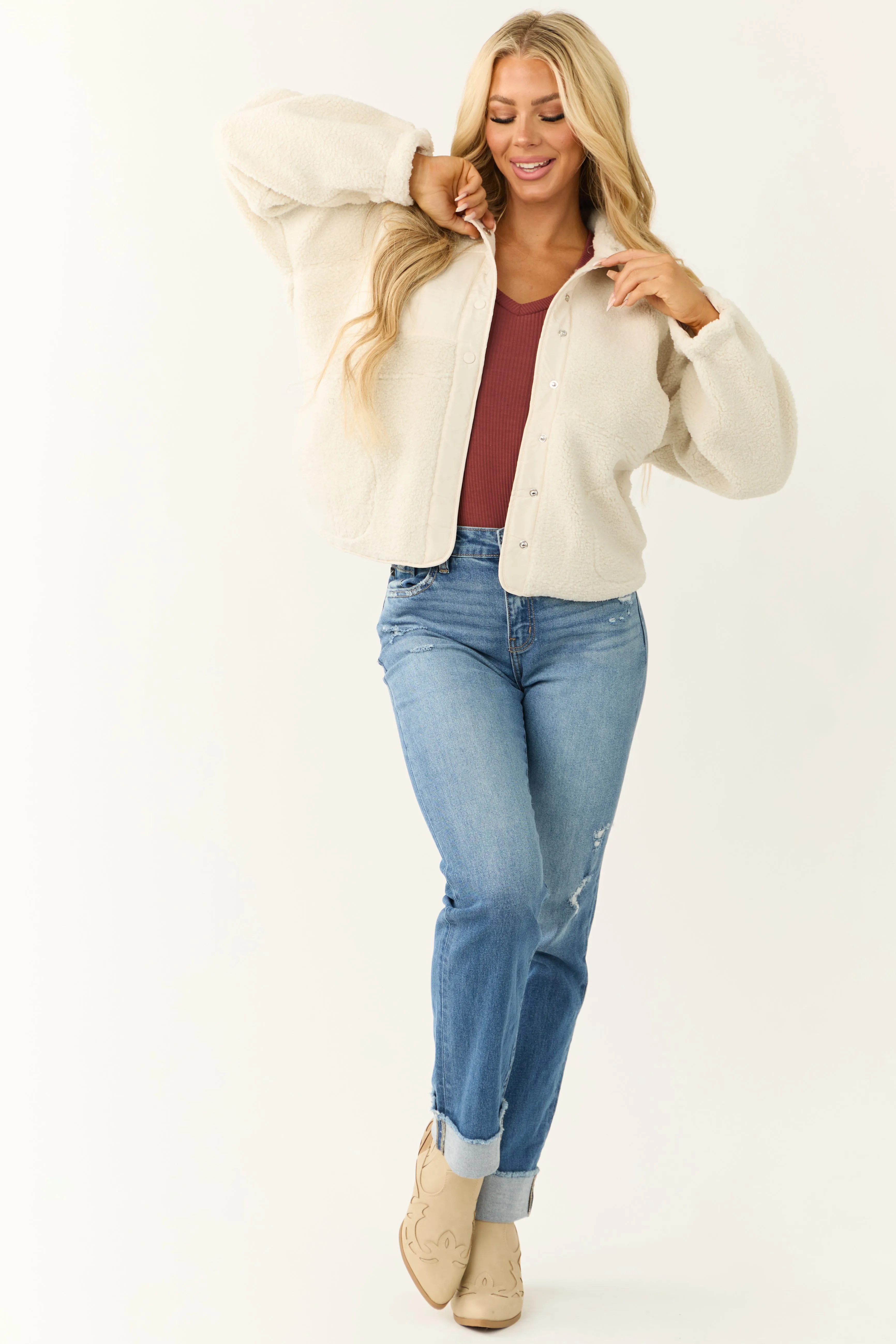 Vanilla Snap Button Down Sherpa Jacket sold by Lime Lush product image thumbnail 2