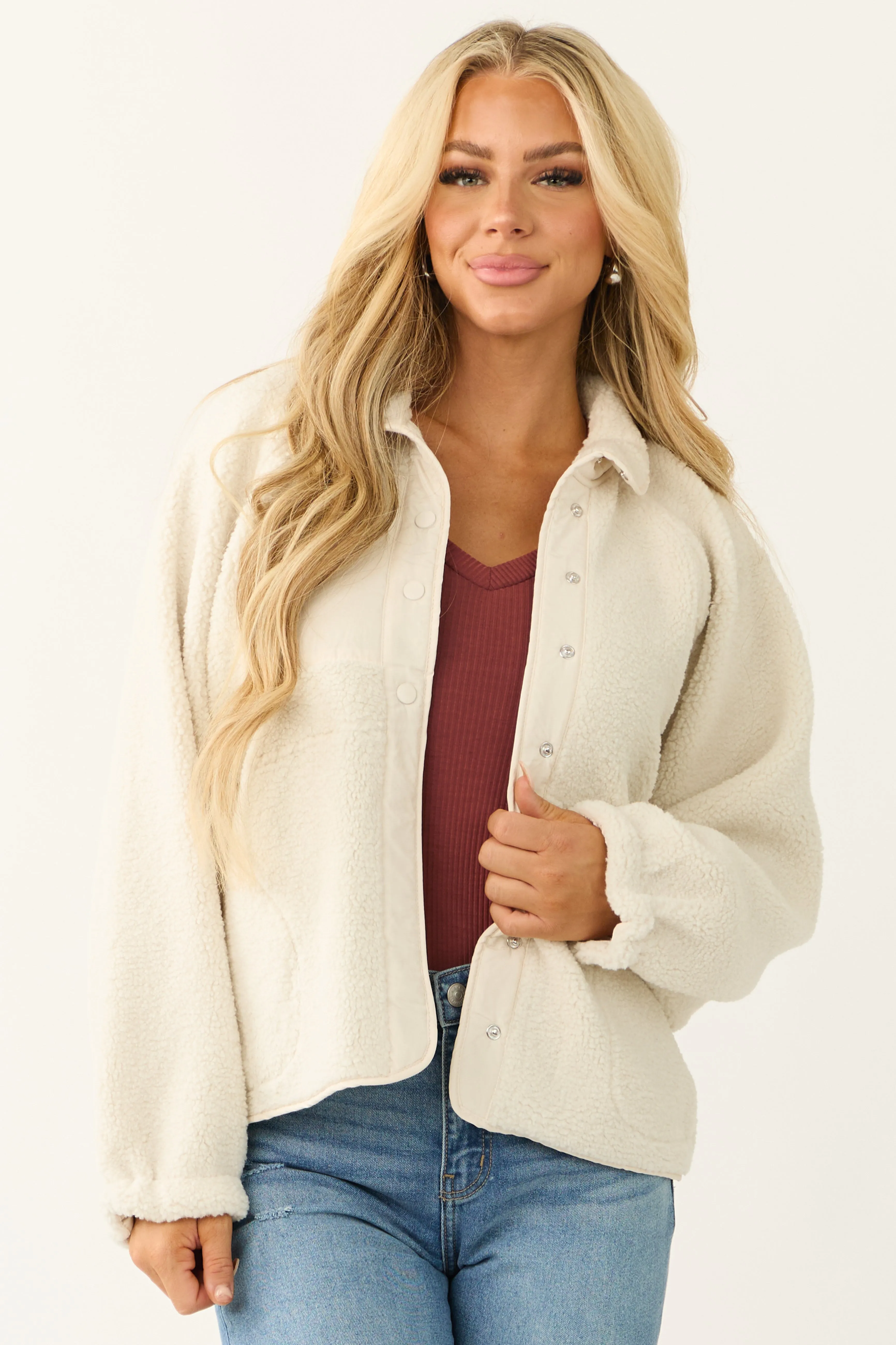 Vanilla Snap Button Down Sherpa Jacket sold by Lime Lush