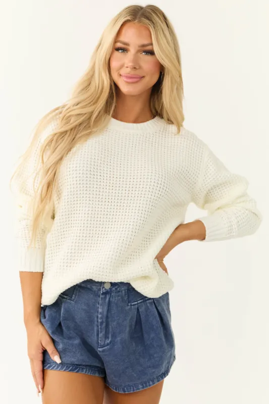 Cream Thick Waffle Knit Curved Hem Sweater sold by Lime Lush