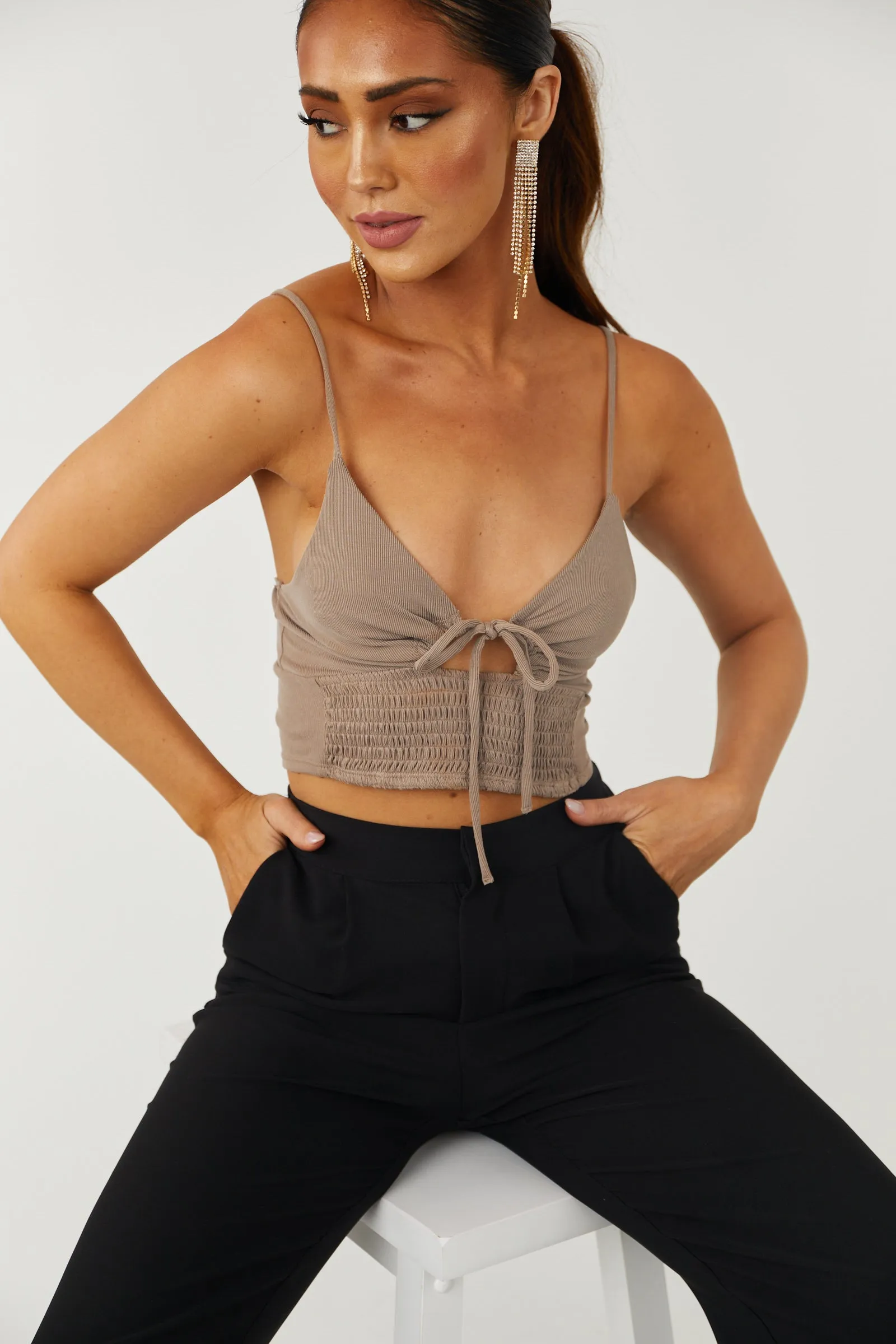 Taupe Smocked Cut Out Cropped Cami Top sold by Lime Lush