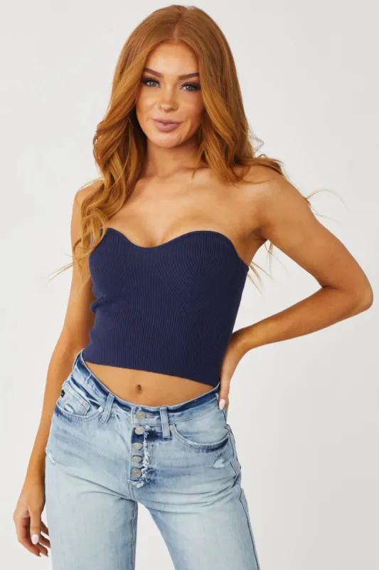 Navy Sweetheart Neck Strapless Ribbed Bandeau Top sold by Lime Lush