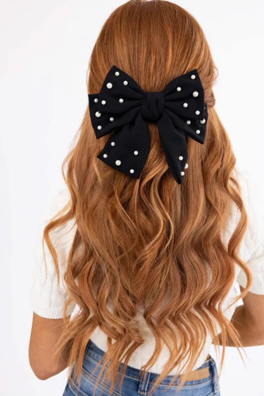 Black Pearl Detail Bow Hair Barrette sold by Lime Lush