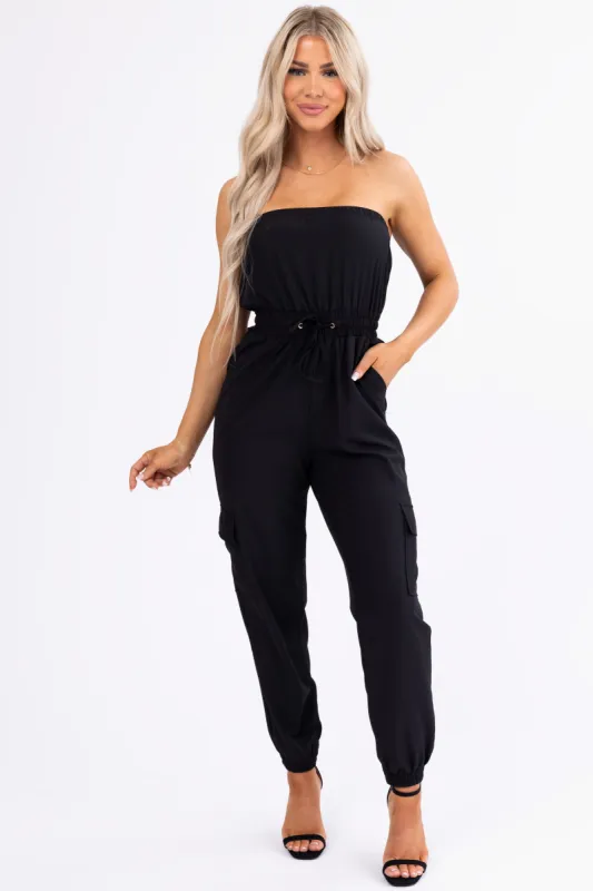 Black Cargo Style Strapless Jumpsuit sold by Lime Lush