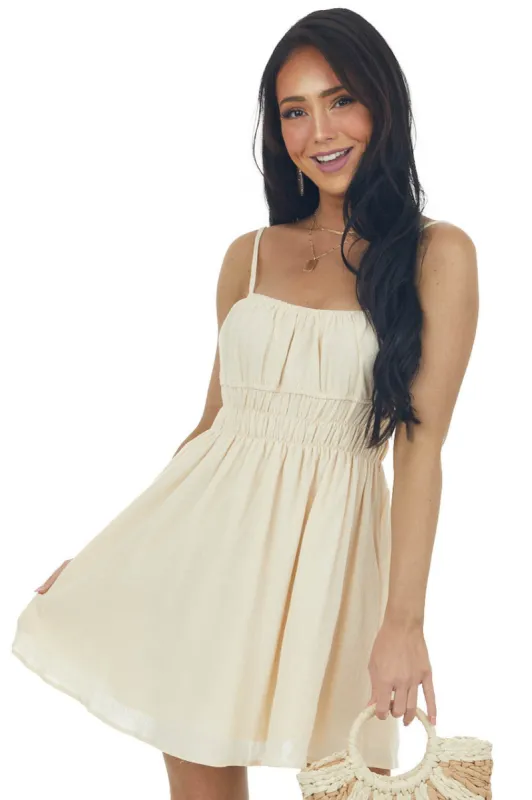 Cream Sleeveless Ruched Waist Mini Dress sold by Lime Lush