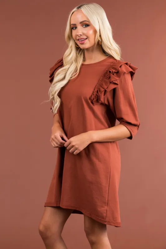 Cinnamon French Terry Ruffle Sleeve Short Dress sold by Lime Lush