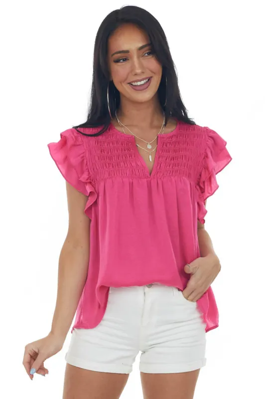 Magenta Smocked Yoke Notch Neck Ruffle Blouse sold by Lime Lush