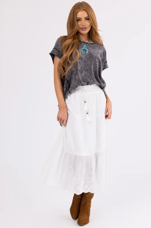 Off White Eyelet Detail Tiered Midi Skirt sold by Lime Lush