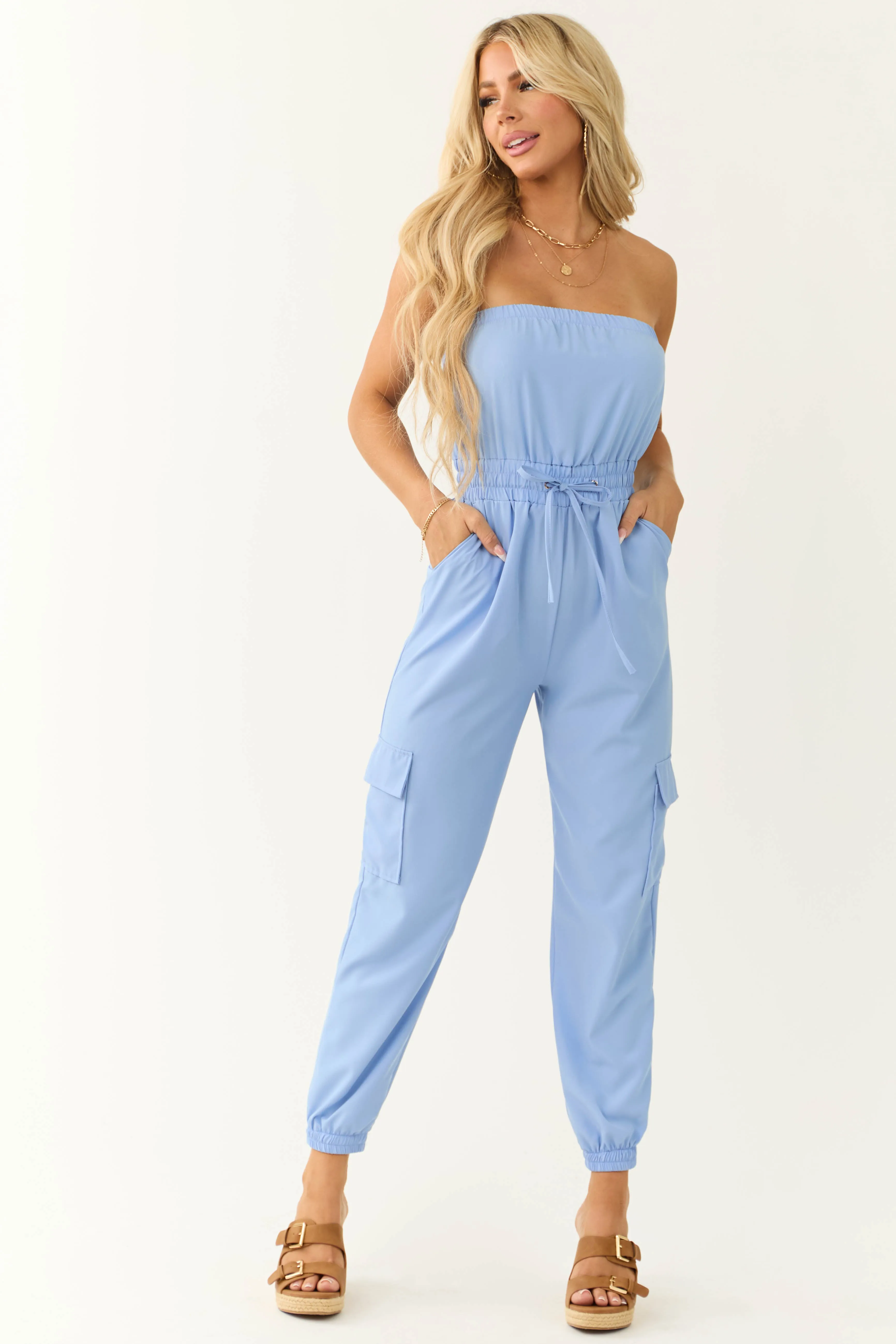 Cornflower Cargo Style Strapless Jumpsuit sold by Lime Lush product image thumbnail 3