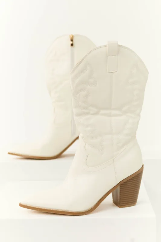 Ivory Western Embroidered Mid Calf Boots sold by Lime Lush