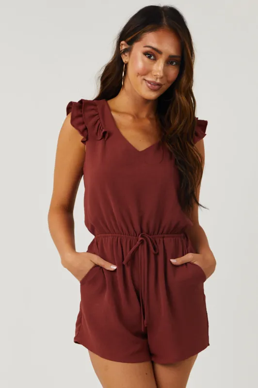 Marsala V Neck Ruffle Short Sleeve Romper sold by Lime Lush
