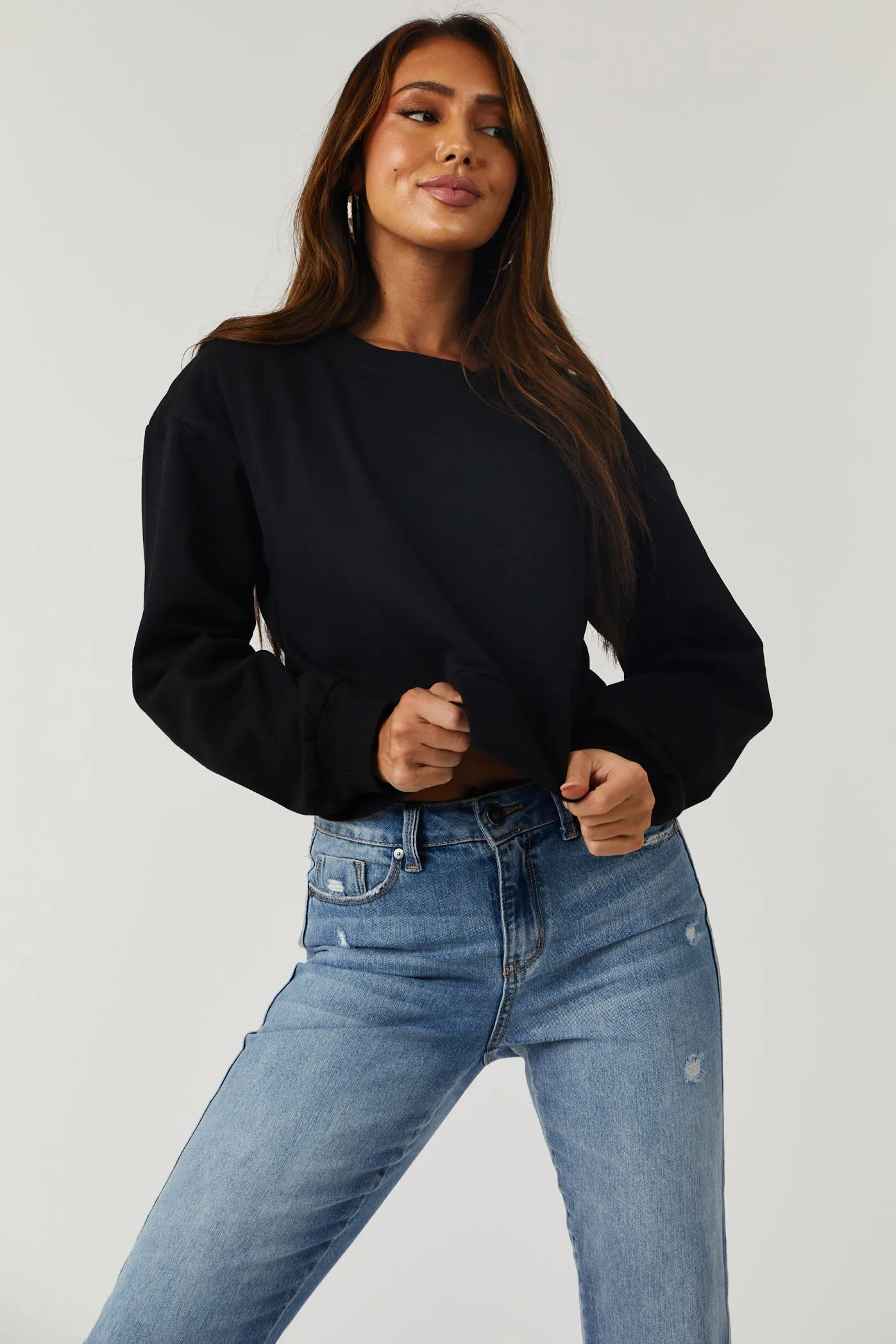 Black Long Sleeve Round Neck Cropped Sweatshirt sold by Lime Lush product image thumbnail 3