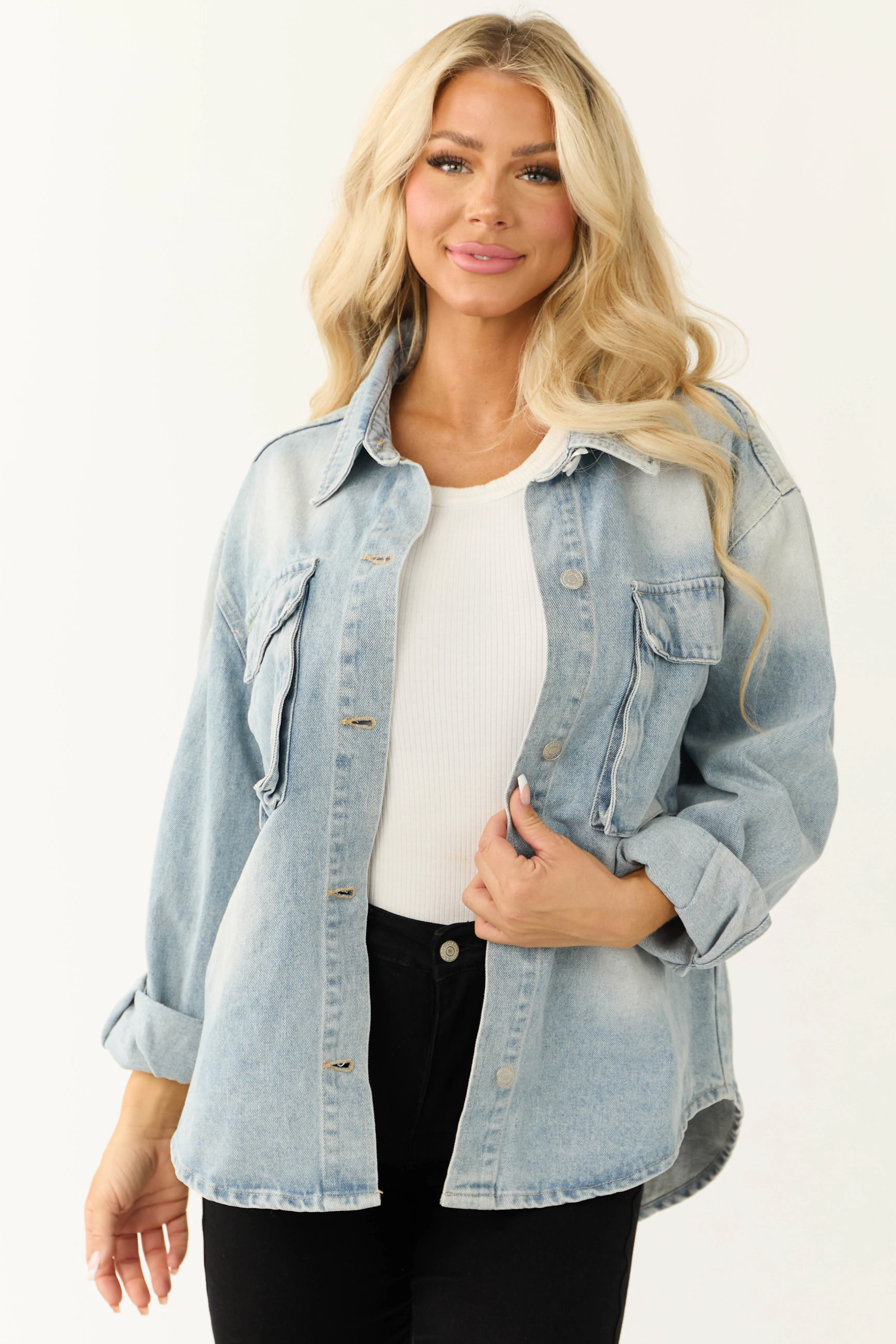 Light Wash Denim Long Sleeve Buttoned Jacket sold by Lime Lush product image thumbnail 2