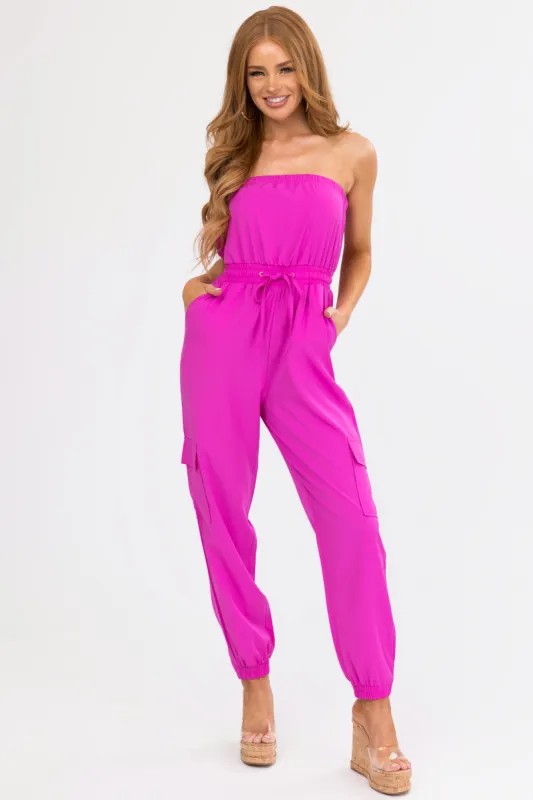 Fuchsia Cargo Style Strapless Jumpsuit sold by Lime Lush