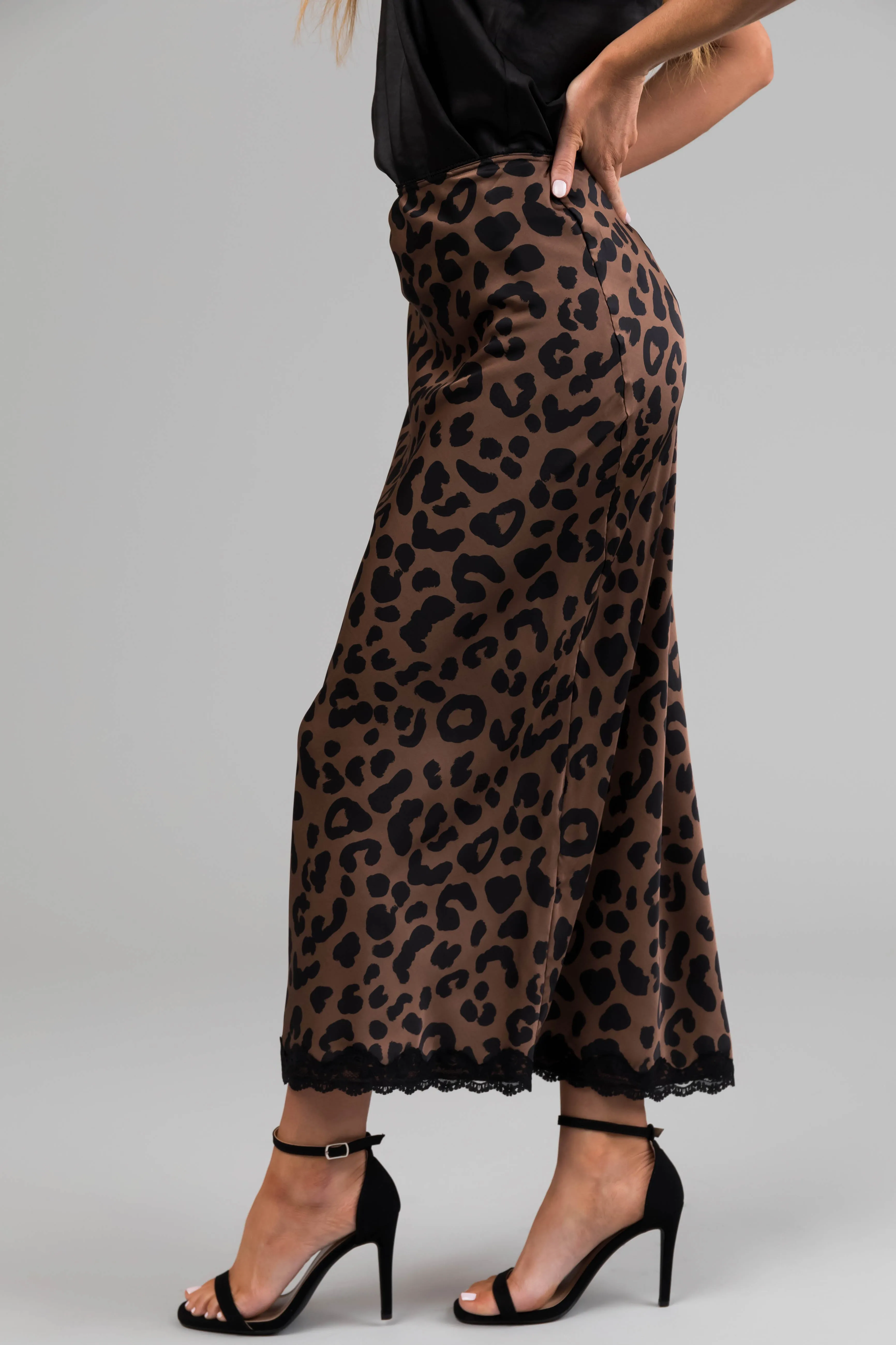 Cocoa Leopard Print Lace Trim Satin Midi Skirt sold by Lime Lush product image thumbnail 3