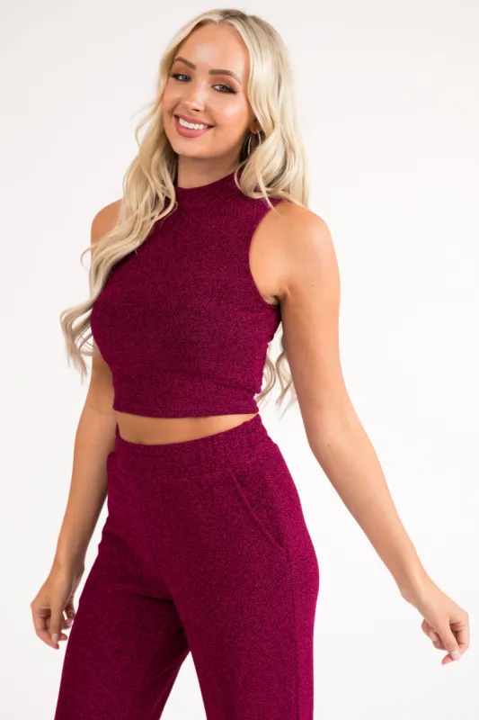Magenta Glitter Sleeveless Lurex Crop Top sold by Lime Lush