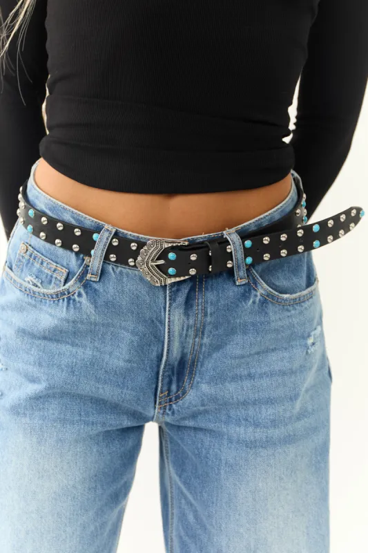 Black Antique Etched Buckle Belt with Studs sold by Lime Lush