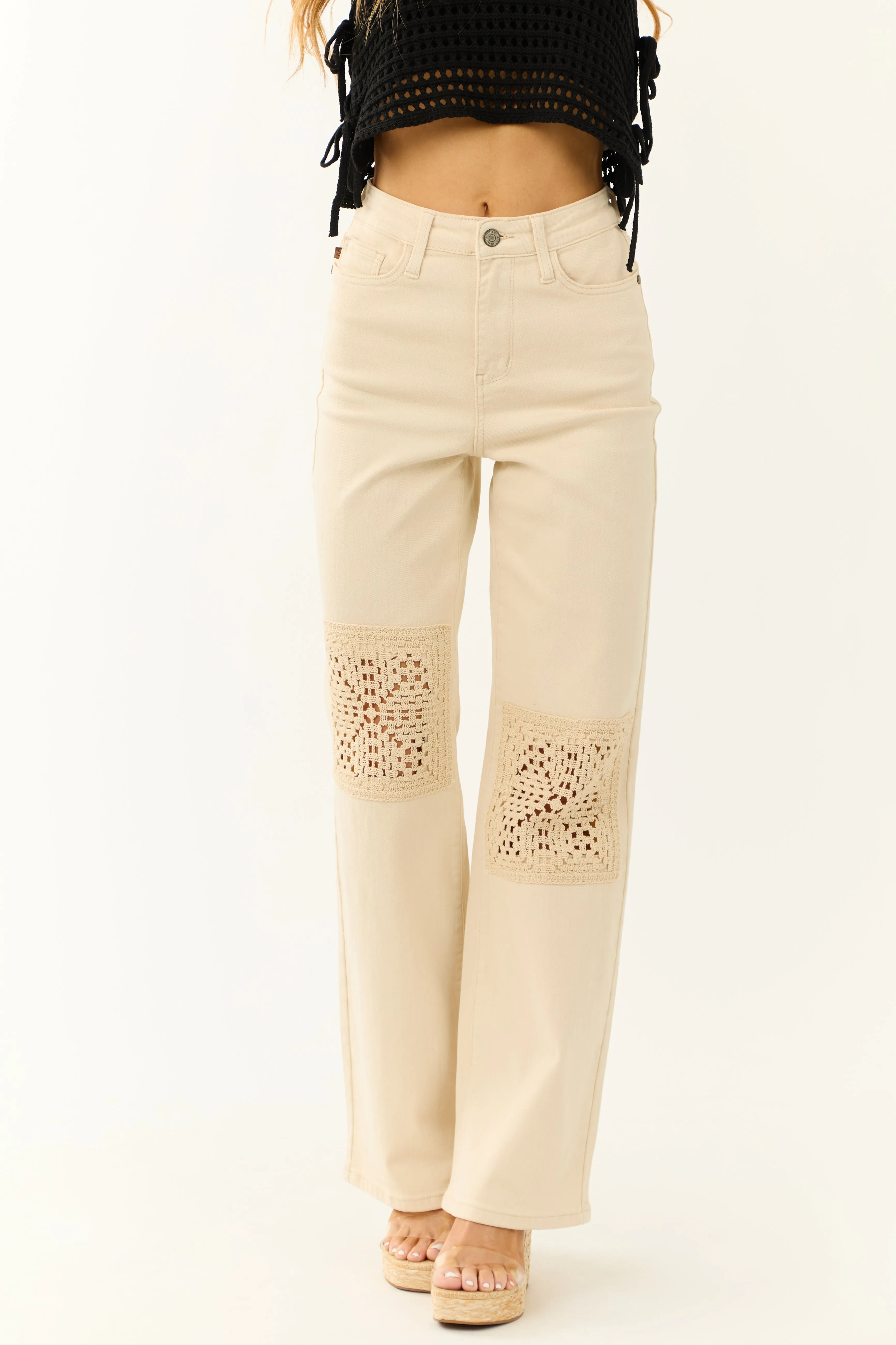 Judy Blue Cream High Rise Crochet Patch Jeans sold by Lime Lush product image thumbnail 2