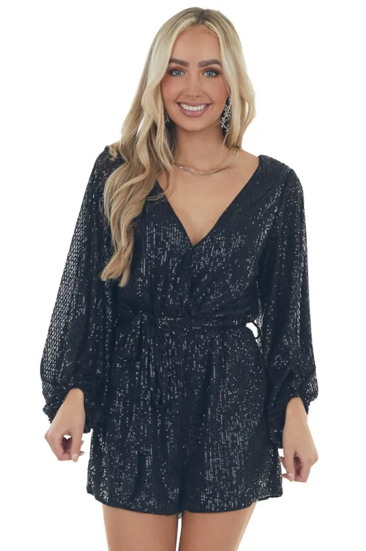 Black Sequin Surplice Bubble Sleeve Romper sold by Lime Lush