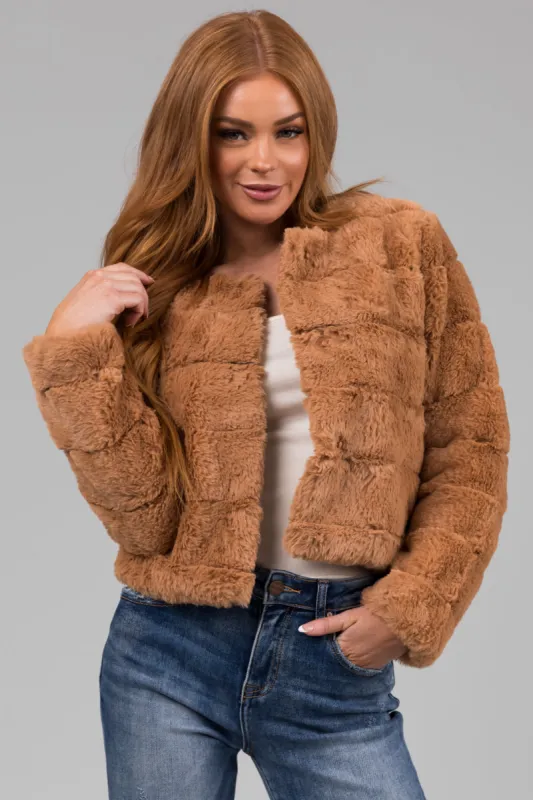 Camel Faux Fur Quilted Button Up Jacket sold by Lime Lush