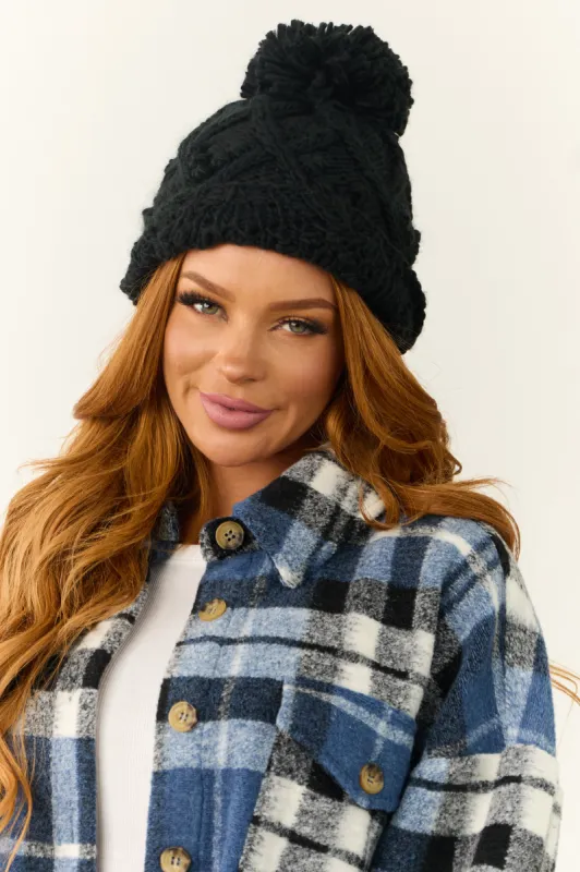 Black Cable Knit Pom Pom Beanie sold by Lime Lush