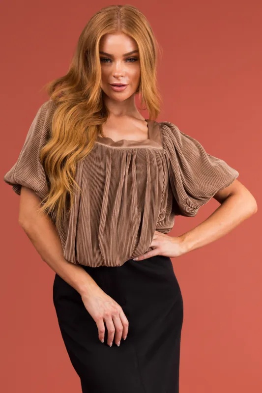Cognac Plisse Satin Mid Sleeve Cropped Blouse sold by Lime Lush