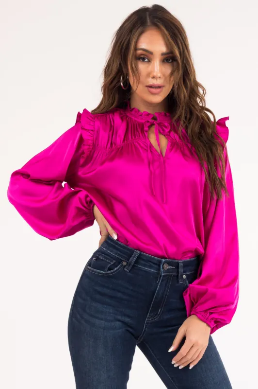 Fuchsia Ruffle Satin Long Sleeve Blouse sold by Lime Lush